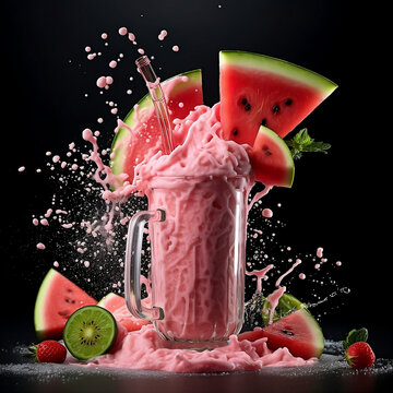 A watermelon fruit Milkshake with splashing liquid and watermelon fruit Tap in a dark background