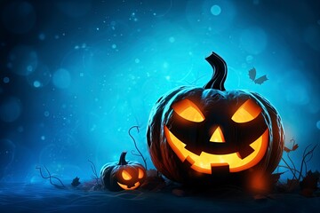 Fototapeta premium Halloween pumpkin on glowing blue background