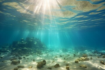 Fototapeta na wymiar Sunlight underwater, sandy seabed, Mediterranean Sea, Spain. Generative AI