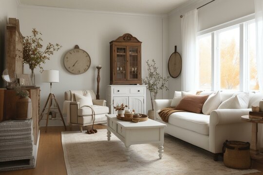 Living room with vintage-inspired decor featuring a comfortable white sofa in a cozy cottage setting. Generative AI