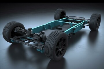 Electric vehicle chassis with dual motors and solid-state battery pack. 3D rendering. Generative AI