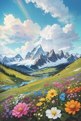 A Magical Landscape, An Amazing Blooming Alpine Meadow, Bright Multicolored Flowers, A Green Mixed Forest, A High Mountain With A Snowy Peak In The Background.