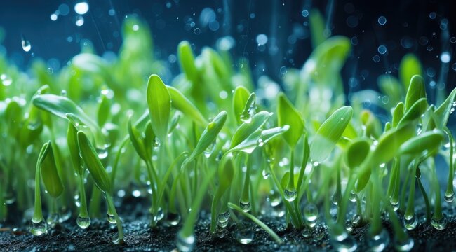Fresh oat sprouts with water drobs close up. Shot of plants growing on field.
