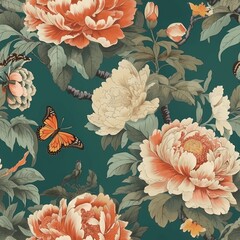 chinoiserie art emperor peony with butterfly classic mural painting seamless pattern