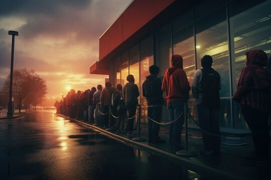 queue of people for shop opening, ai generative
