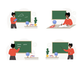 African female teachers in classroom set. Different women characters at lecture at chalkboard. School and college concept. Vector illustration in flat cartoon style.