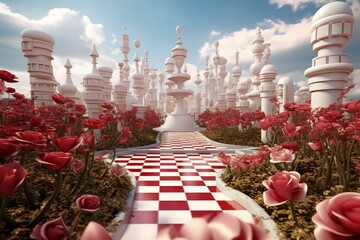 3D-rendered maze garden with chess, golden flamingo, red flower trees, clouds. Alice in Wonderland theme. Generative AI - obrazy, fototapety, plakaty