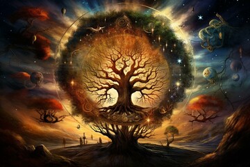 Astrology symbols cosmic connection through tree of life. Generative AI