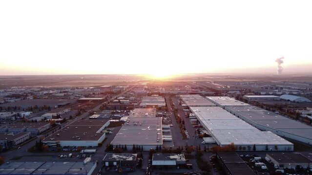 Beautiful sunrise drone shot over Calgary Industrial Foothills area.