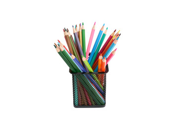 Pen holder full of colorful pencils on isolated background