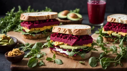 Poster Snack Vegan sandwiches with beetroot hummus. sandwich with beet, cheese, avocado and arugula