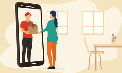 Illustration of a Young woman receiving order from courier. Delivery service smart phone application. Smartphone apps concept.