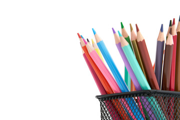 Pen holder full of colorful pencils on isolated background