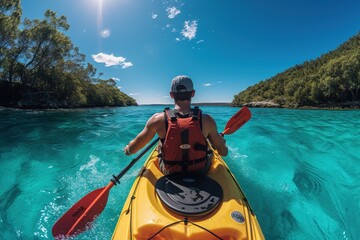 A person kayaking in crystal-clear waters, Water Adventures: On-Demand Aquatic Exploration, Top-Downloaded Paddle Sports, Nautical Excitement - Powered by Adobe