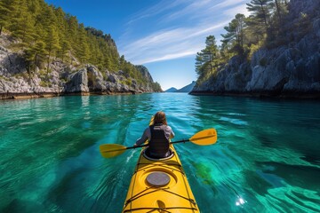 Person kayaking along a serene river, River Adventures: On-Demand Paddle Excursions, Back view...