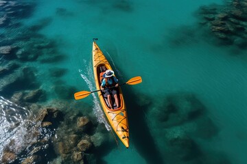 Person kayaking along a serene river, River Adventures: On-Demand Paddle Excursions, Aerial view Waterway Exploration, Aquatic Journeys