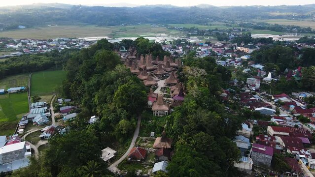 Vista Of Thatched Roof Cottages Surrounded By Dense Trees Near Rural Town In West Sumba, East Nusa Tenggara, Indonesia. Aerial Shot