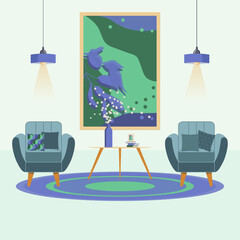 Mid century style reading nook interior design in violet and green with blue armchairs, pillows, big poster, coffe table, books, dried flowers and ceiling  lights. Flat illustration for your projects