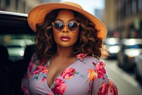 A beautiful dark-skinned woman with curly hair wearing dark glasses and a big hat is walking down the street in close-up. Body positive and plus size concept.