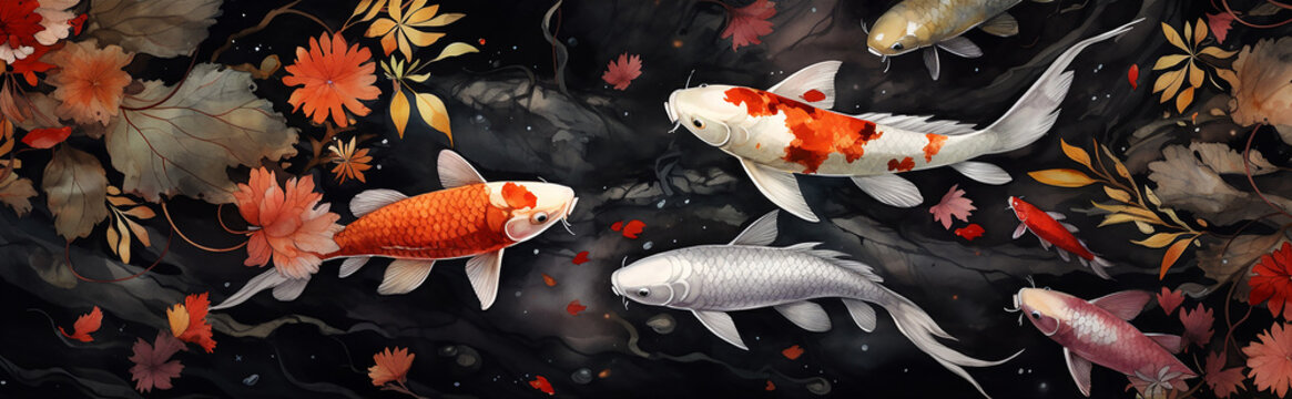 watercolor drawing of a dark pond with red koi fish. horizontal banner with Japanese colored carp swimming in a pond.