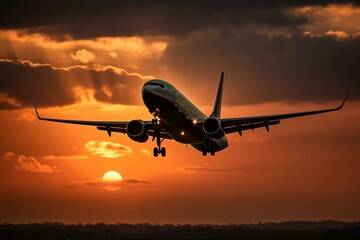 An airplane departing during sunset. Generative AI