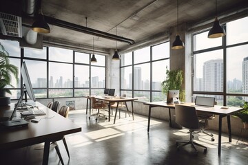 Modern coworking office with concrete, wood, furniture, equipment, window, city view, sunlight. Loft space & workplace concept. Generative AI