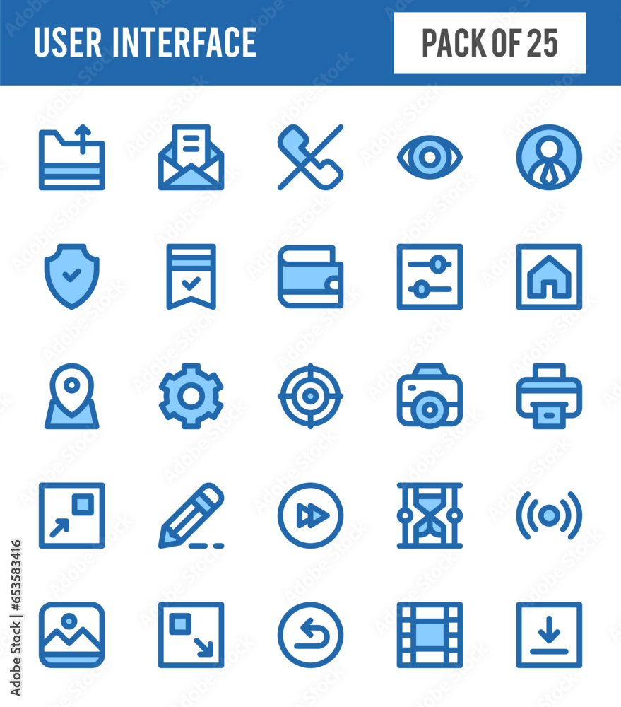 Poster 25 user interface two color icons pack. vector illustration.