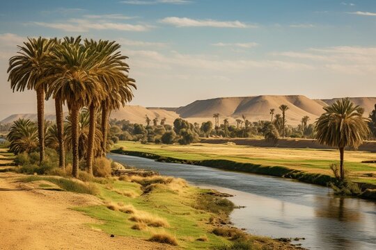 A landscape with palm trees and a field located next to the Nile river in Egypt. Generative AI