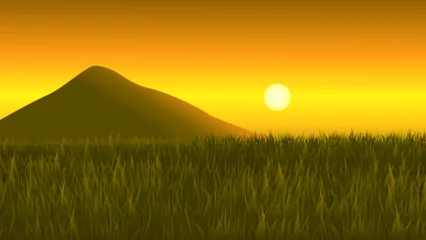 Foto op Canvas Rice fields and mountain at sunset illustration landscape, savanna, meadow, background vector © gusense