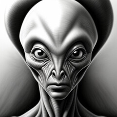 Monochrome fine detailed graphite pencil drawing portrait of an alien being from another planet.  Generative AI