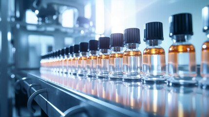 Medical vials on the production line at pharmaceutical factory. Generative Ai