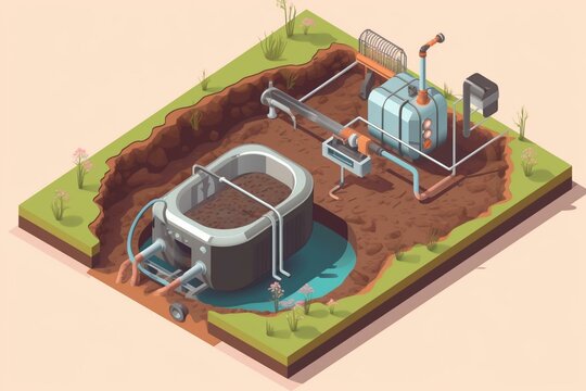 Illustration of a modern septic tank system with a flushing toilet and underground containment. Generative AI