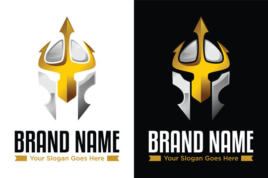 Golden tridente Luxury Knight Helmet Vector illustration logo design