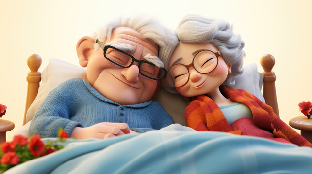 Generative ai illustration of 3d cartoon senior couple sleeping together