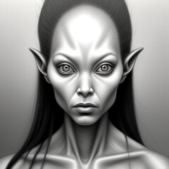 Monochrome fine detailed graphite pencil drawing portrait of an alien being from another planet.  Generative AI