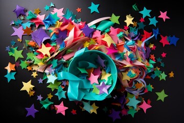 Vibrant stars and confetti create a joyful scene, perfect for party decorations and birthday celebrations. Generative AI