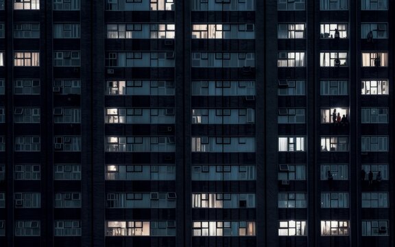 Building windows night evening. Tower urban. Generate Ai