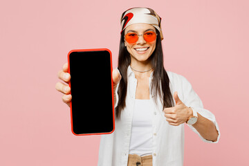 Young latin woman wear white shirt casual clothes sunglasses hold in hand use close up mobile cell...