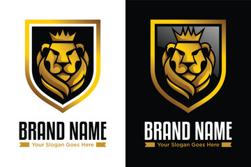 Golden Lion with King Crown Combined with Shield illustration logo Design Concept