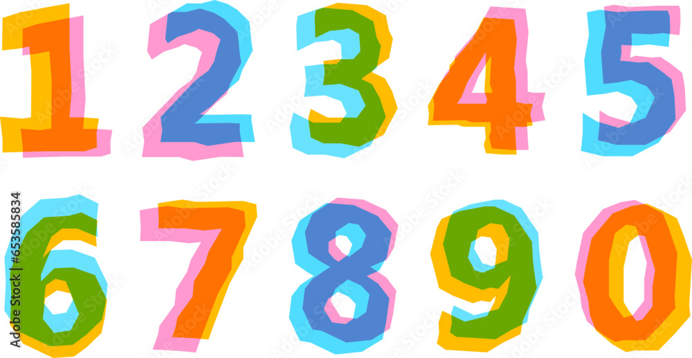 Poster hand drawn rough numbers set 1234567890. colorful gradient overlapping transparent shapes
