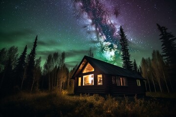 A cabin with an aurora borealis and trees in the background, and a dark sky with stars and more aurora bores. Generative AI