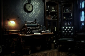 Classic noir office with antique typewriter. Generative AI - obrazy, fototapety, plakaty