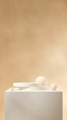 mockup template white ceramic textured podium in portrait brown wall and shiny sphere, 3d rendering