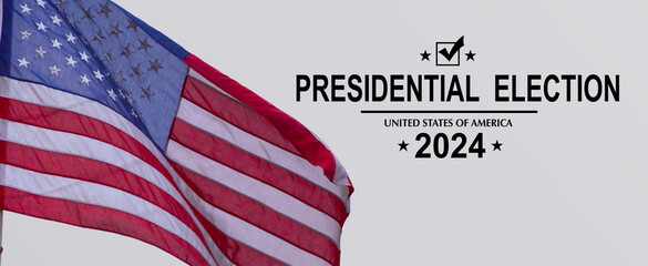 Presidential Election 2024 text on white paper over Waving American Flag. Politics and voting conceptual. Top view
