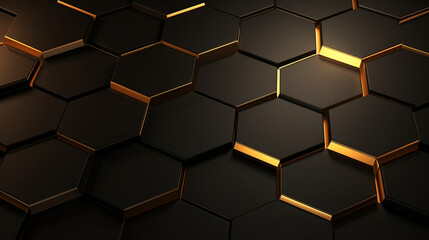 Luxury hexagonal abstract black metal background with golden light lines. Dark 3D geometric texture illustration. Bright grid pattern. Pure black horizontal banner wallpaper. Generative Ai