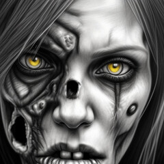 Monochrome fine detailed graphite pencil drawing portrait of an undead zombie woman.  Generative AI