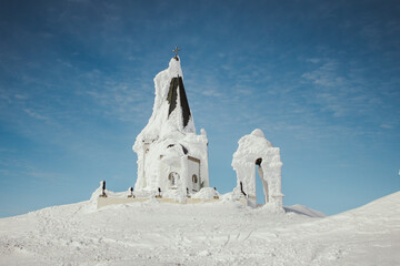 Frozen chapel on the peak of the mountain Voras winter Greece kaimaktsalan v4