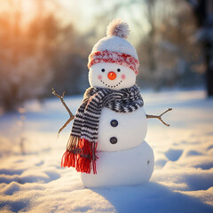 Fototapeta premium Cute Snowman standing in snow Christmas background - ai generative