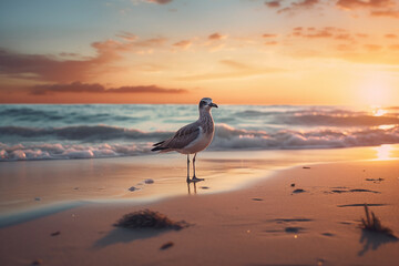 A bird sitting on the beach at sunset - obrazy, fototapety, plakaty
