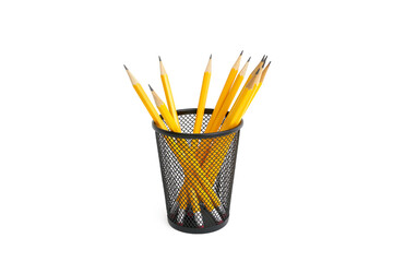 Pen holder full of pencils on isolated background